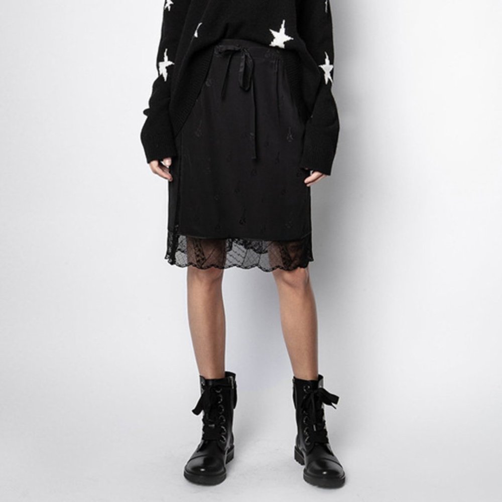 NWT $285 Zadig&Voltaire Jillian Jacquard Guitar Silk Lace Hem Midi Skirt